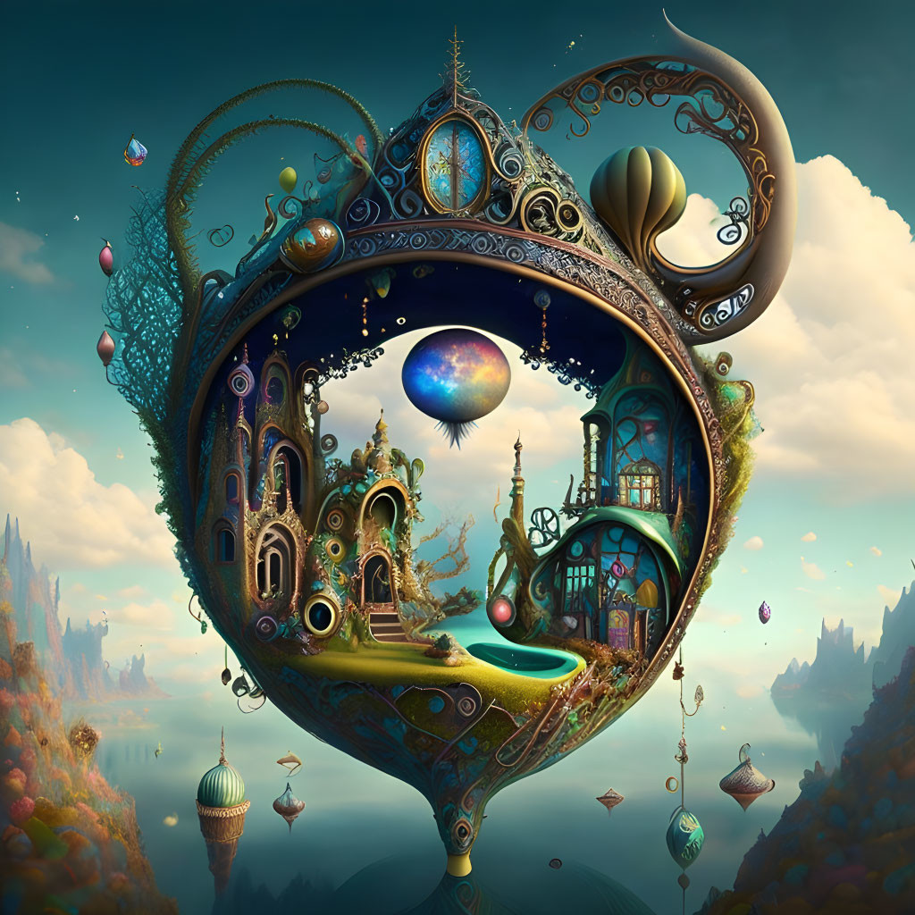 Fantastical heart-shaped structure in surreal landscape