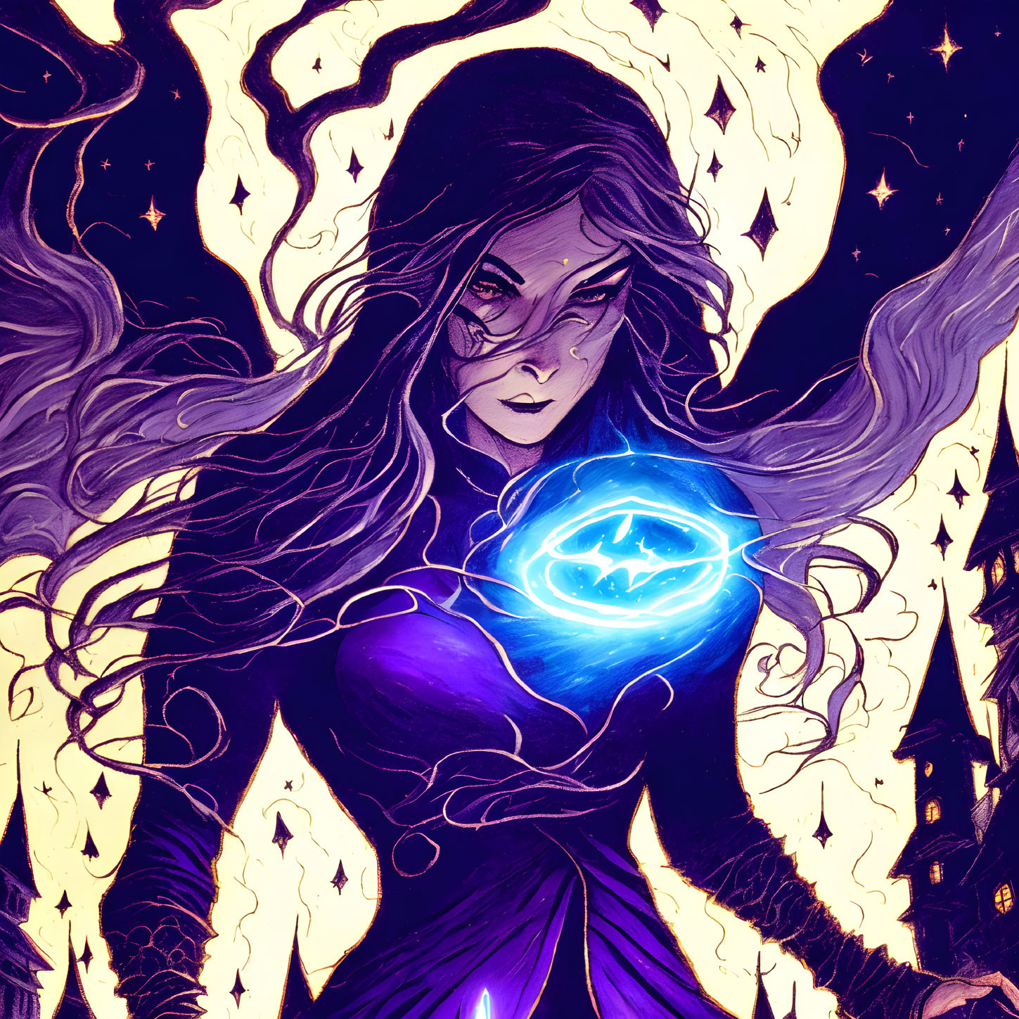 Mystical female figure with glowing blue orb and enchanting symbols against night sky