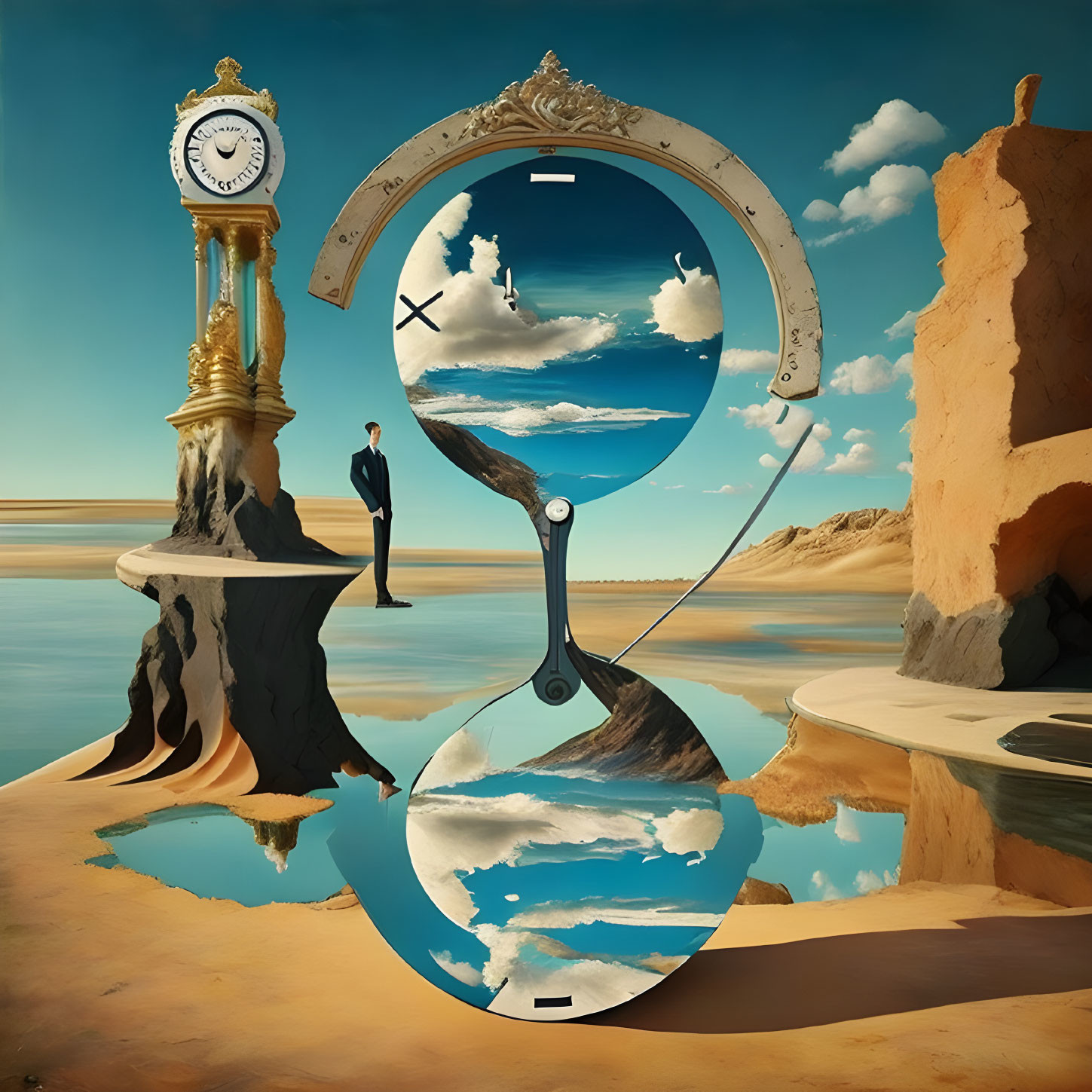 Surreal artwork featuring man, melting clock, sand dunes, hourglass, cloudy sky,