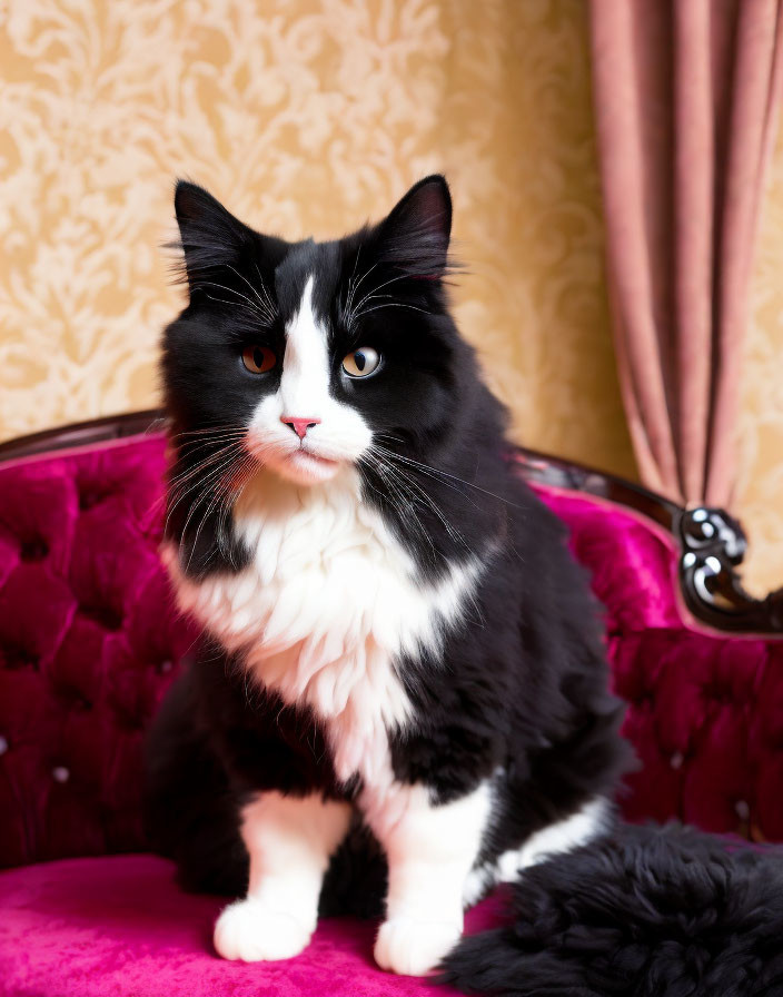 Long-haired black and white cat on pink chair against yellow background