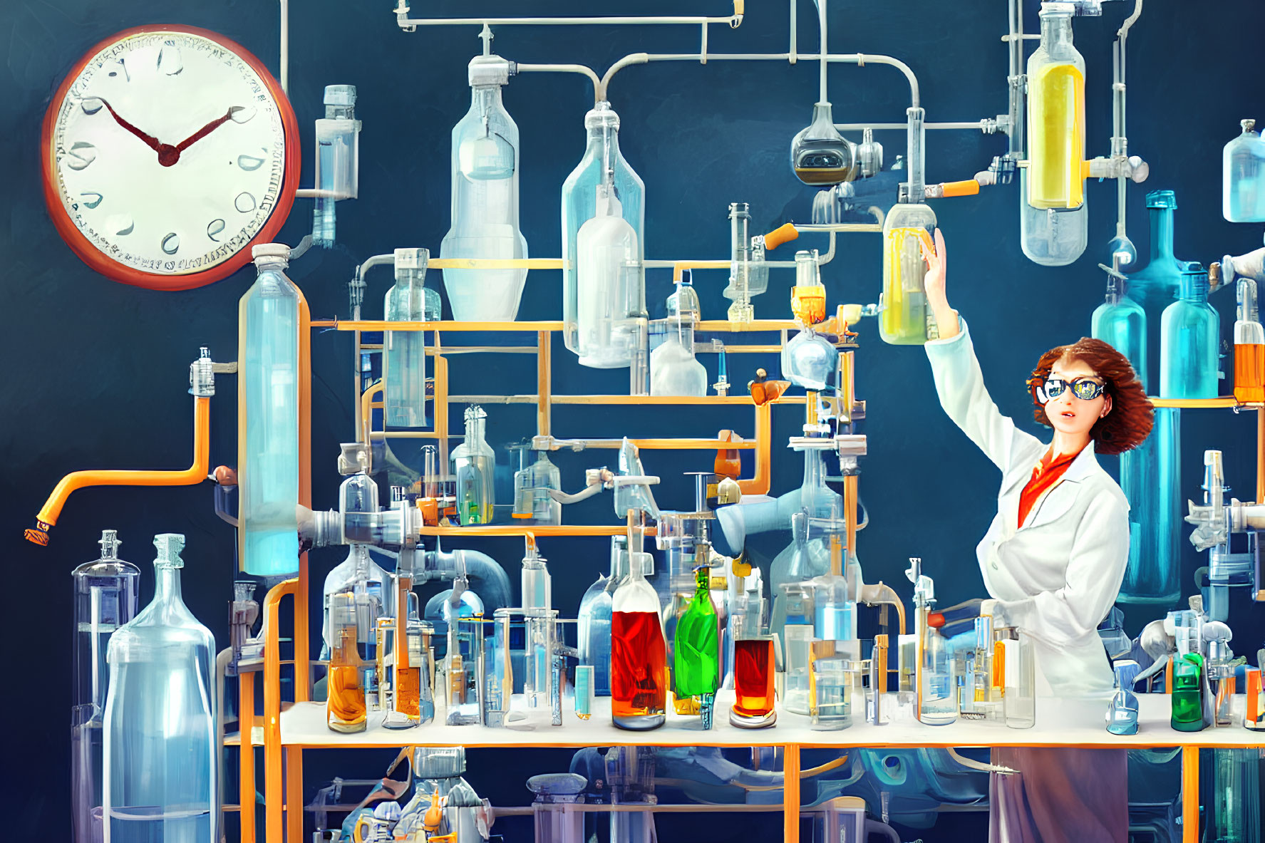 Scientist in lab coat examines flask in laboratory setting