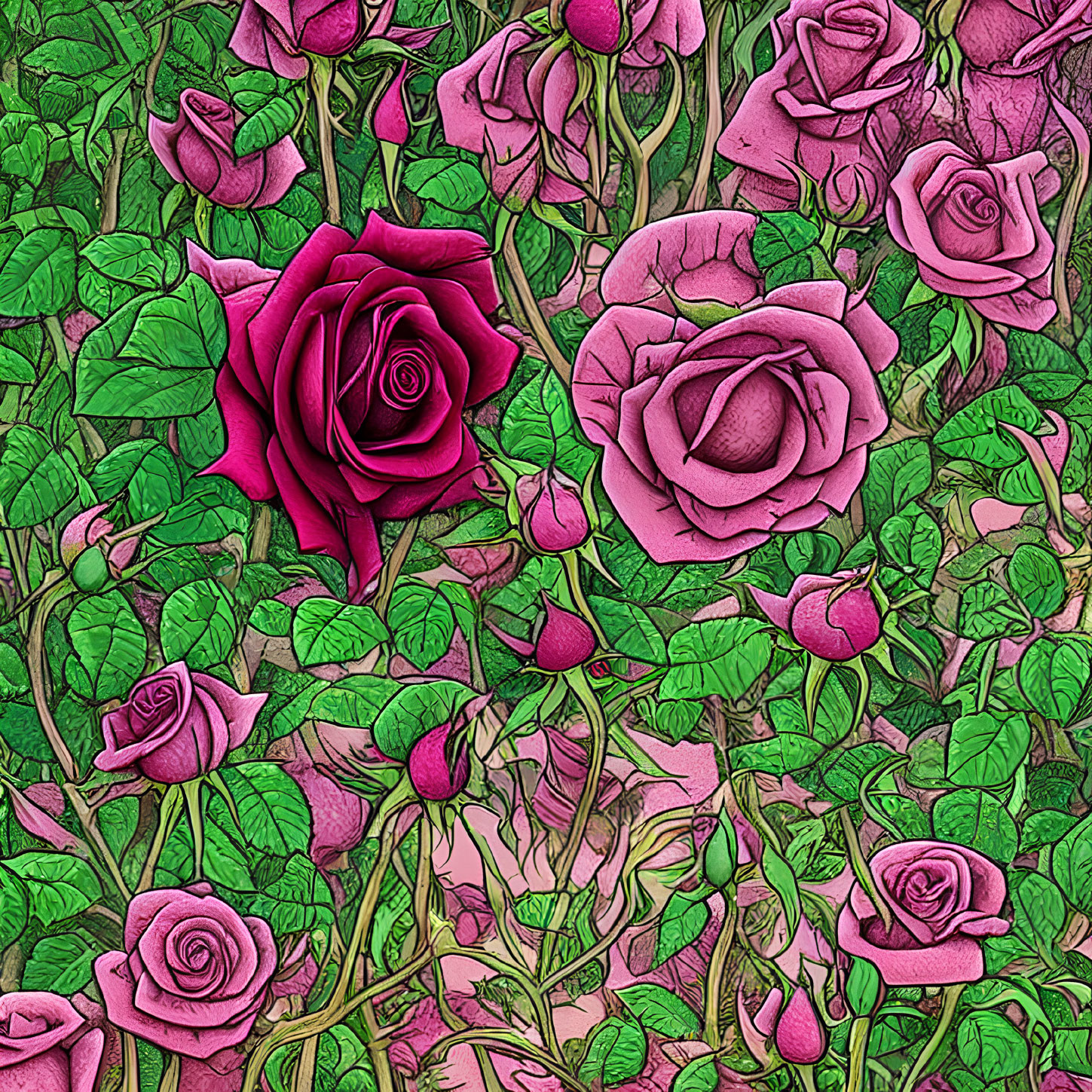 Stylized Pink and Red Roses Pattern with Green Leaves