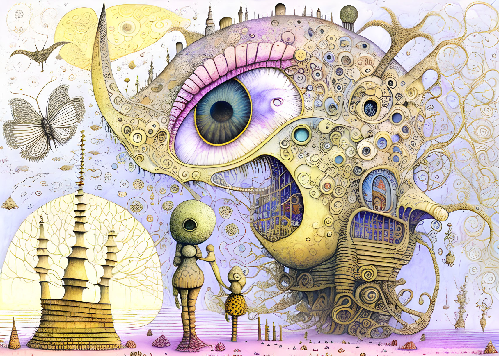 Colorful surreal illustration: eye-centric creature, whimsical structures, floating orbs, and fantasy landscape