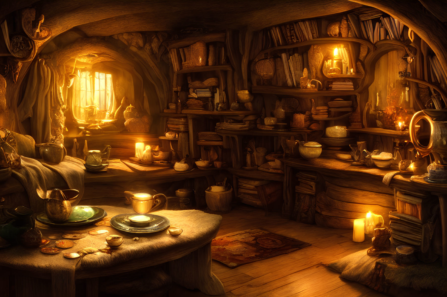 Warmly Lit Fantasy Hobbit-Style Interior with Curved Wooden Architecture and Glowing Fireplace