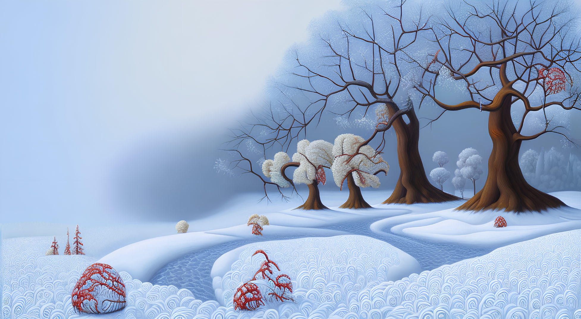 Snow-covered winter landscape with bare trees and icy patterns