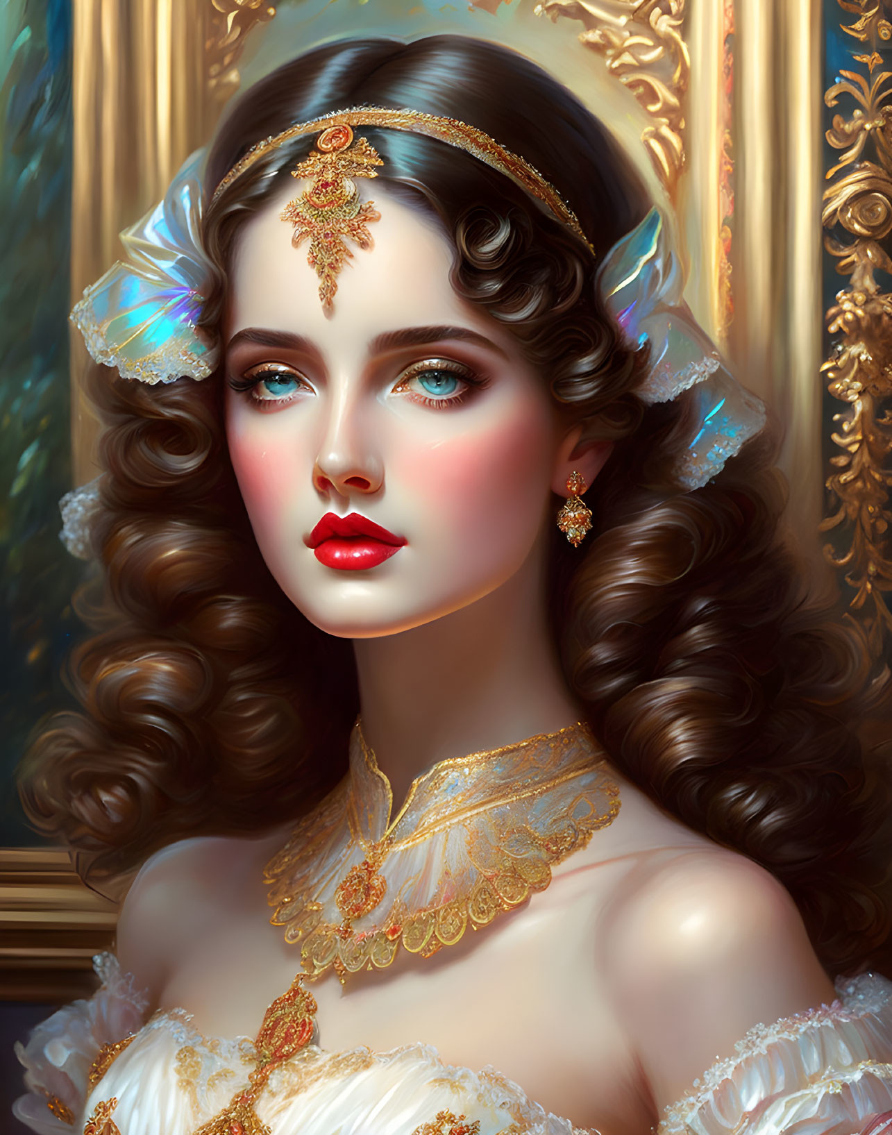 Regal woman with wavy hair and gold jewelry in white gown