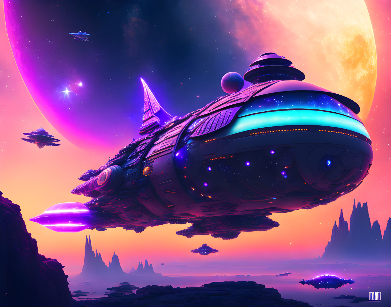 Colossal Spaceship Over Alien Planet with Purple Sky