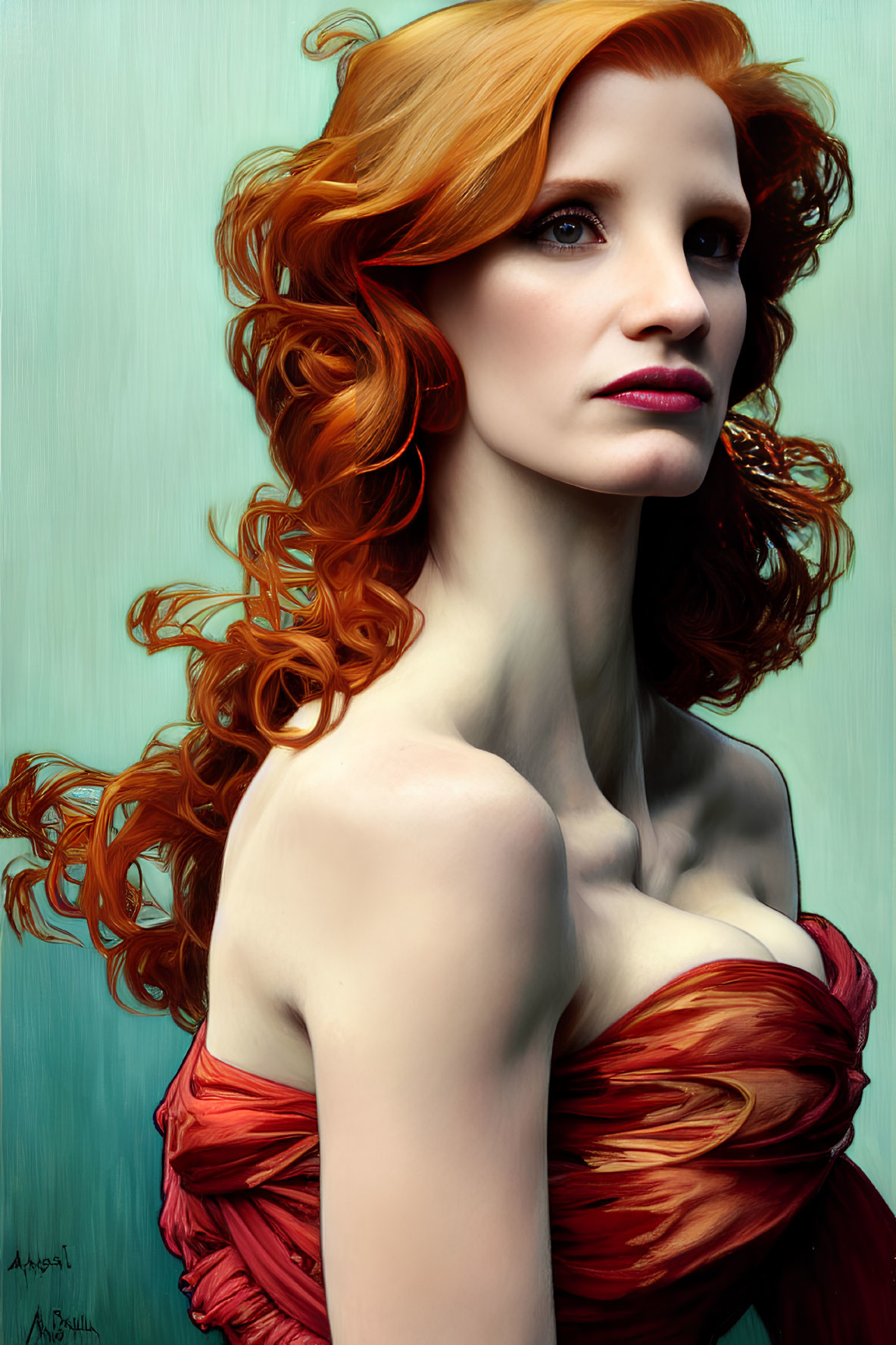 Digital art portrait of woman with red hair, fair skin, and bold makeup on teal background