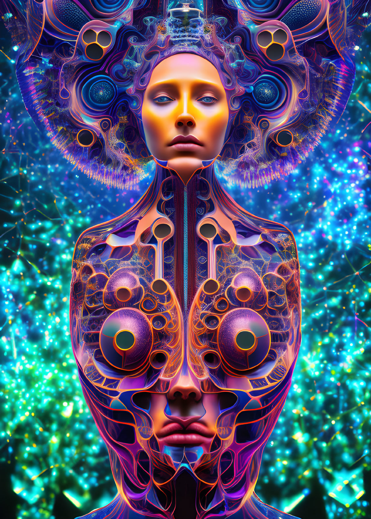 Vibrant humanoid digital art with mechanical and organic features