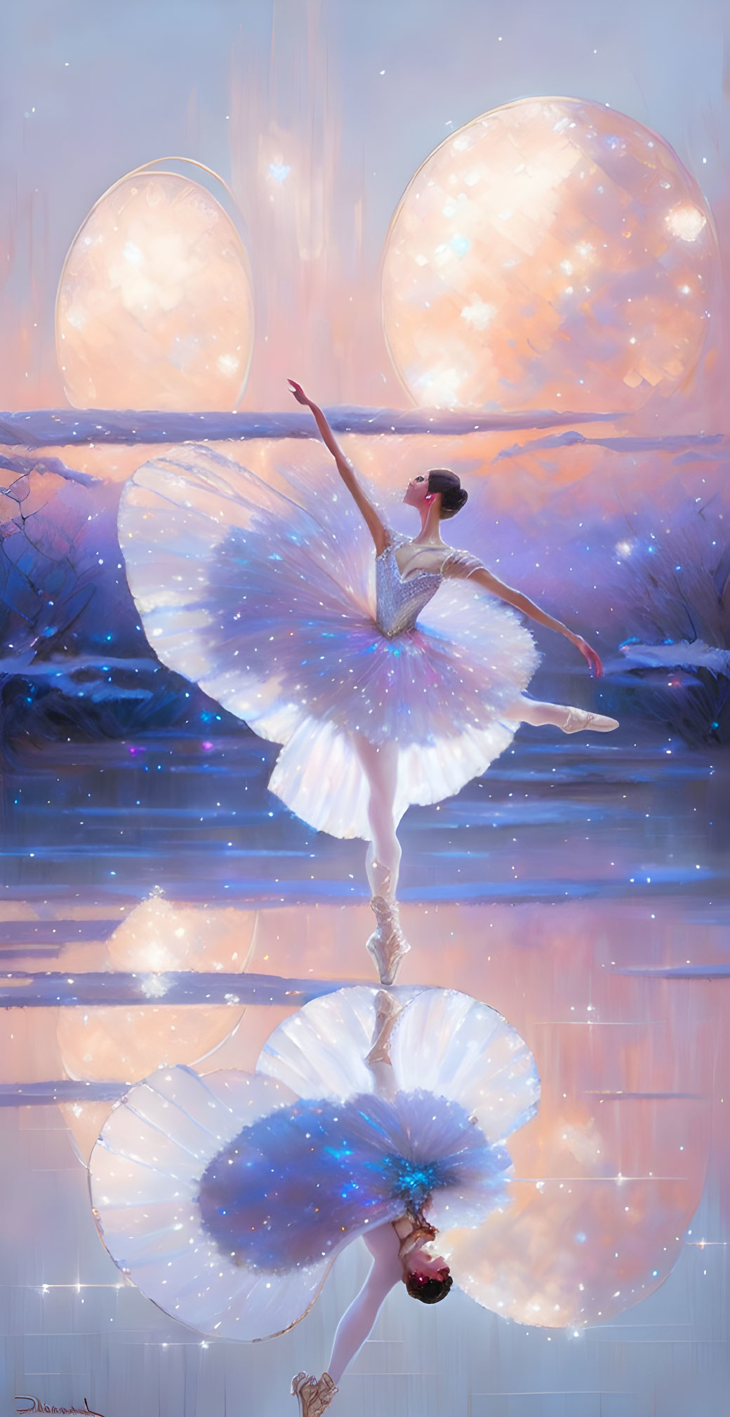 Ballerina in white tutu poses with two moons on reflective surface