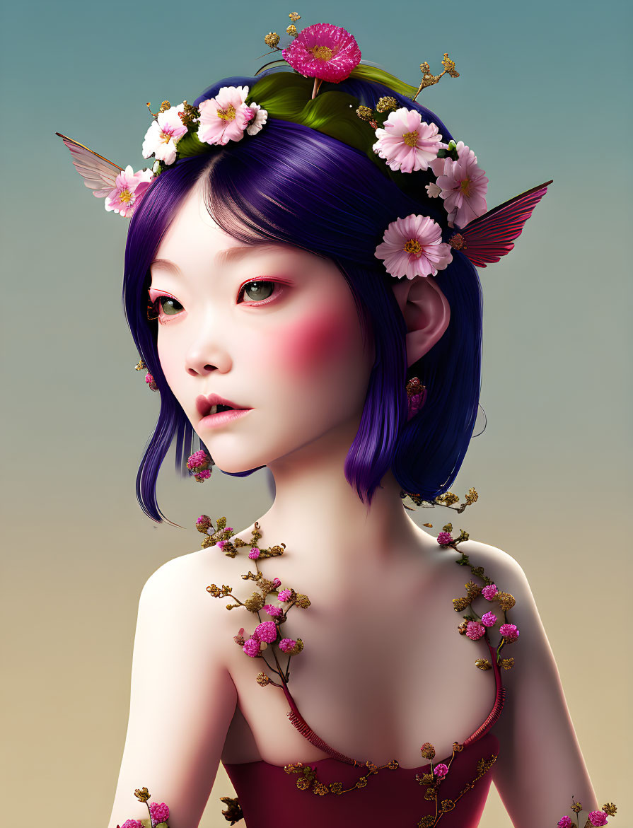 Whimsical character with violet hair and floral crown in pink and greenery