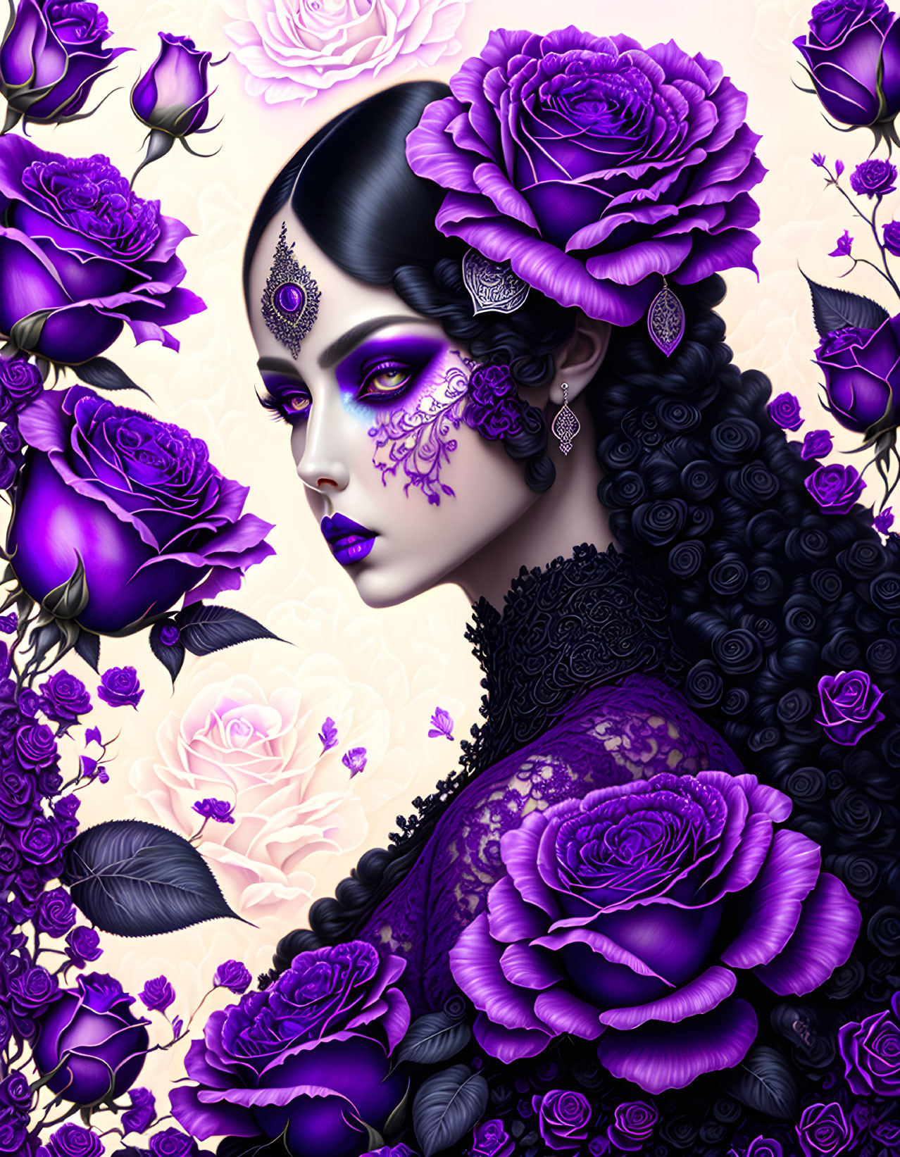 Dark-haired woman with purple roses and lace in gothic digital art