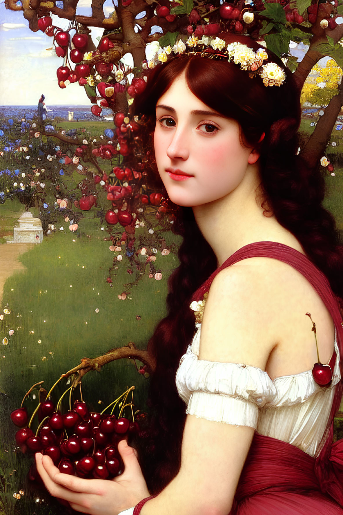 Classic Painting: Woman with Cherry Blossom Wreath and Cherries