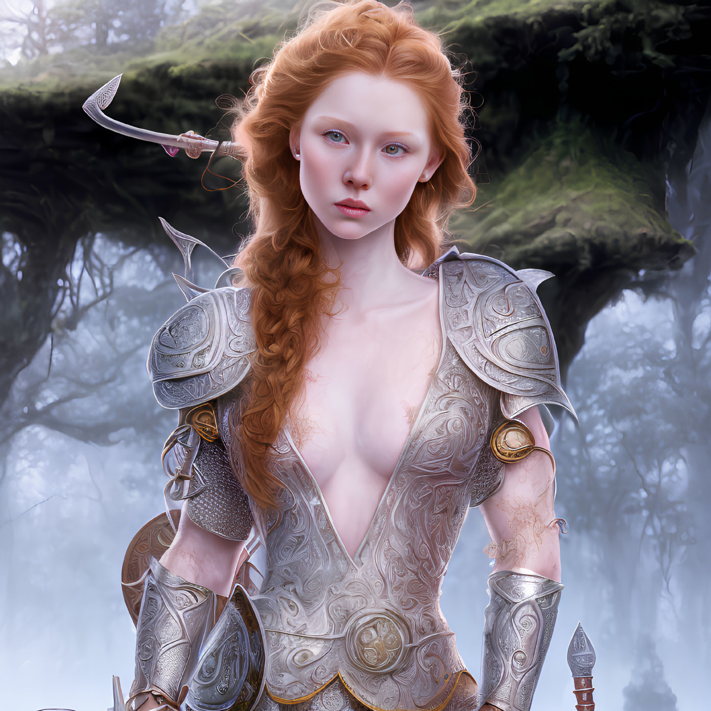 Red-haired female warrior in silver armor wields dagger in misty forest