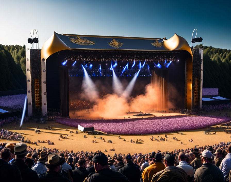 Large Stage Outdoor Concert Amidst Forest Setting at Dusk