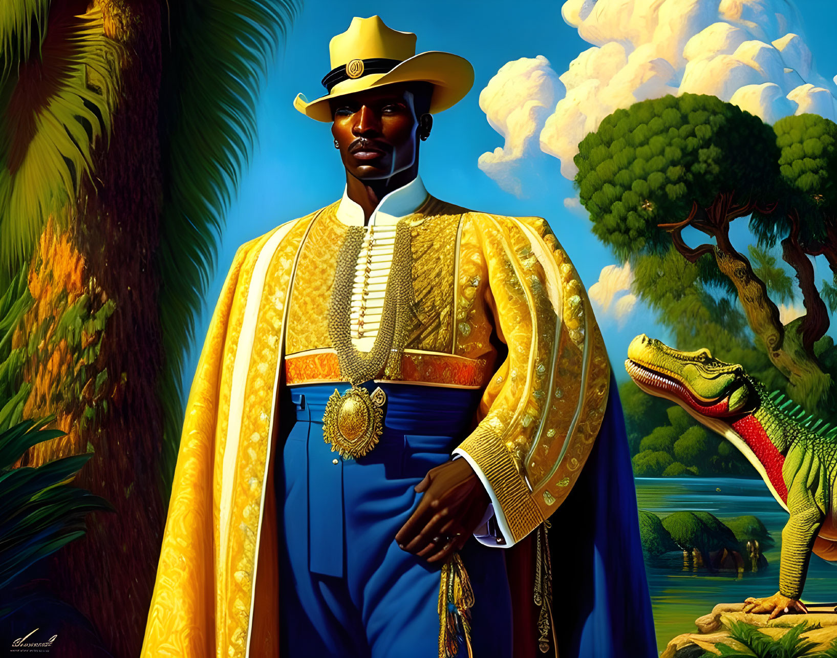 Stylized portrait with golden-trimmed blue robe and alligator in vibrant landscape