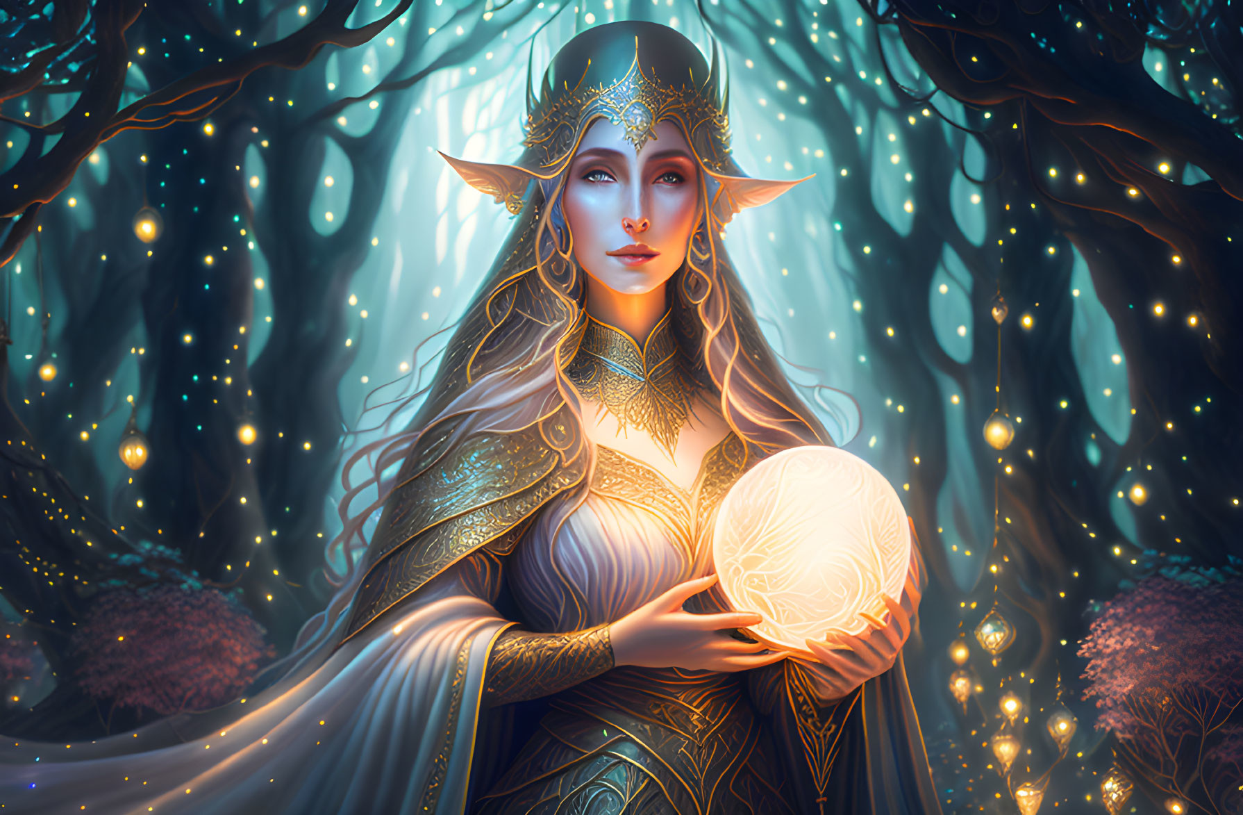 Mystical elf woman with crown and glowing orb in enchanted forest