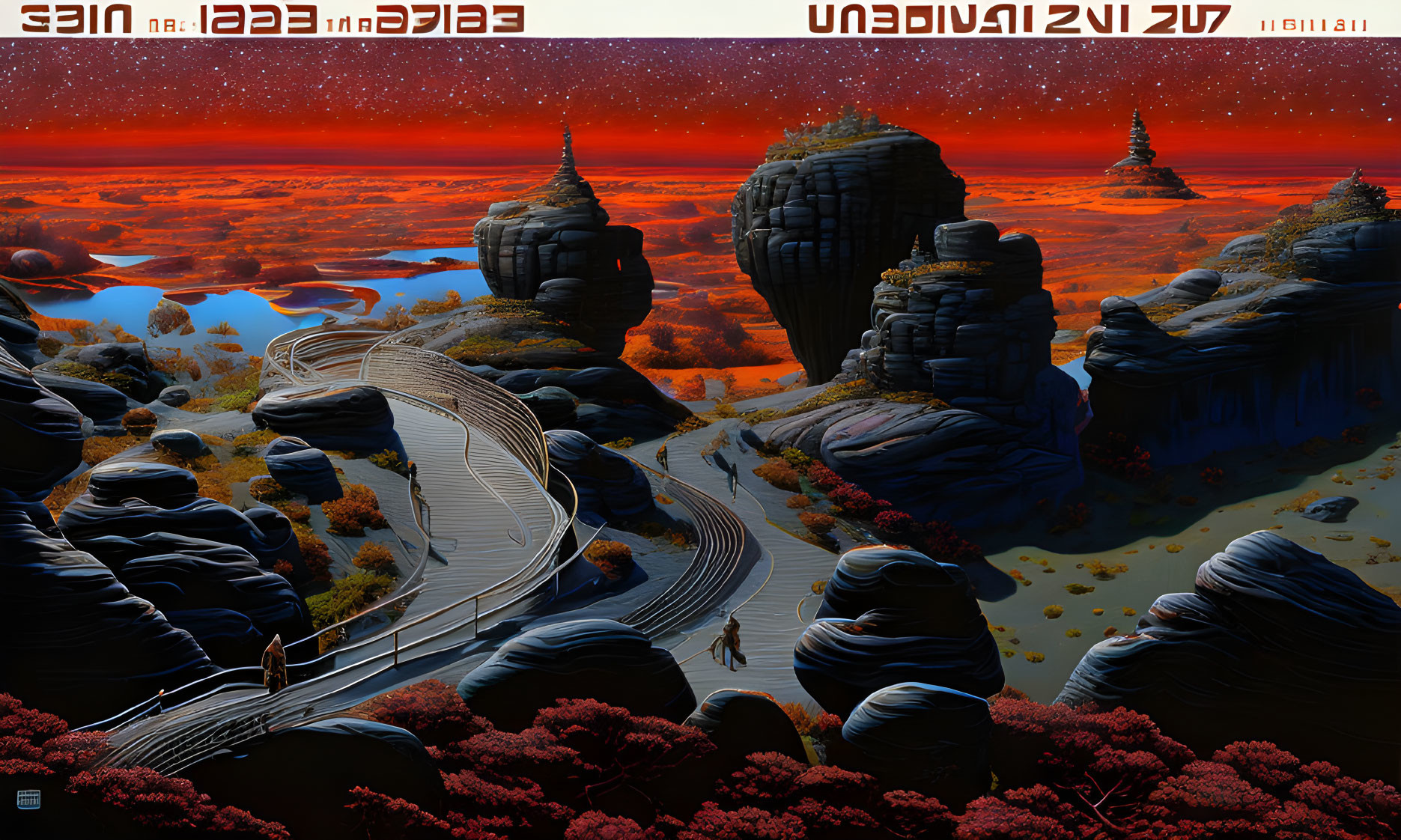 Alien landscape with towering rock formations and crimson vegetation