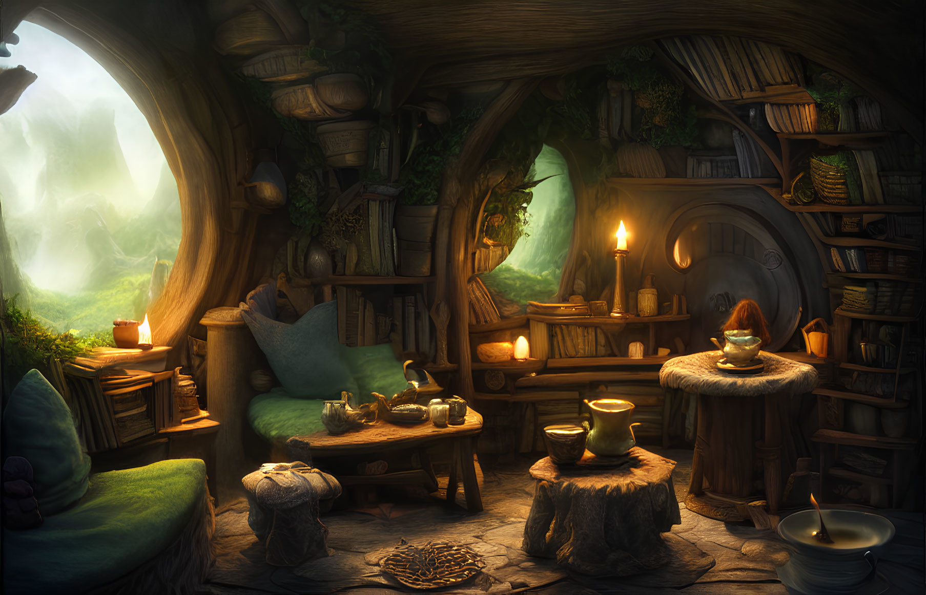 Warm Glow Fairy-Tale Cottage Interior with Wooden Furniture & Fireplace