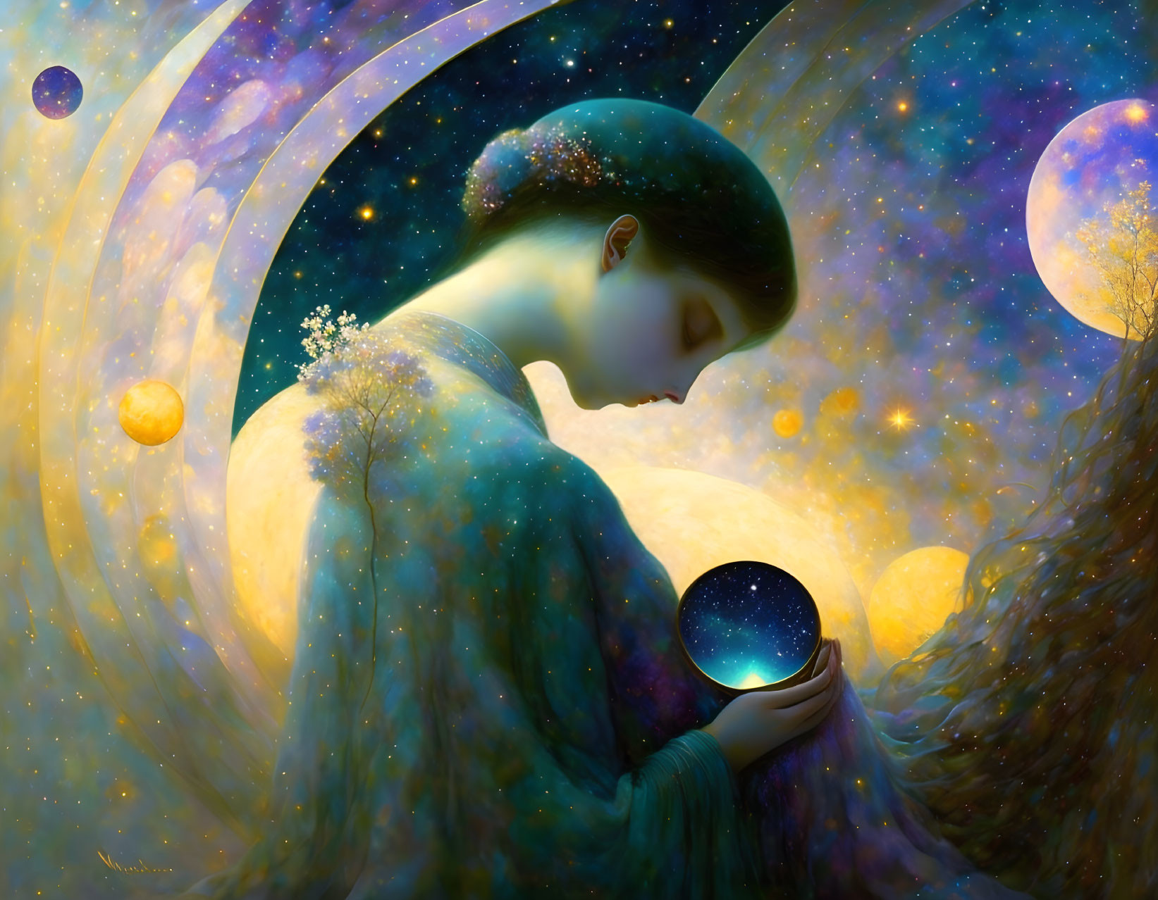 Surreal illustration of serene figure with glowing orb in celestial setting