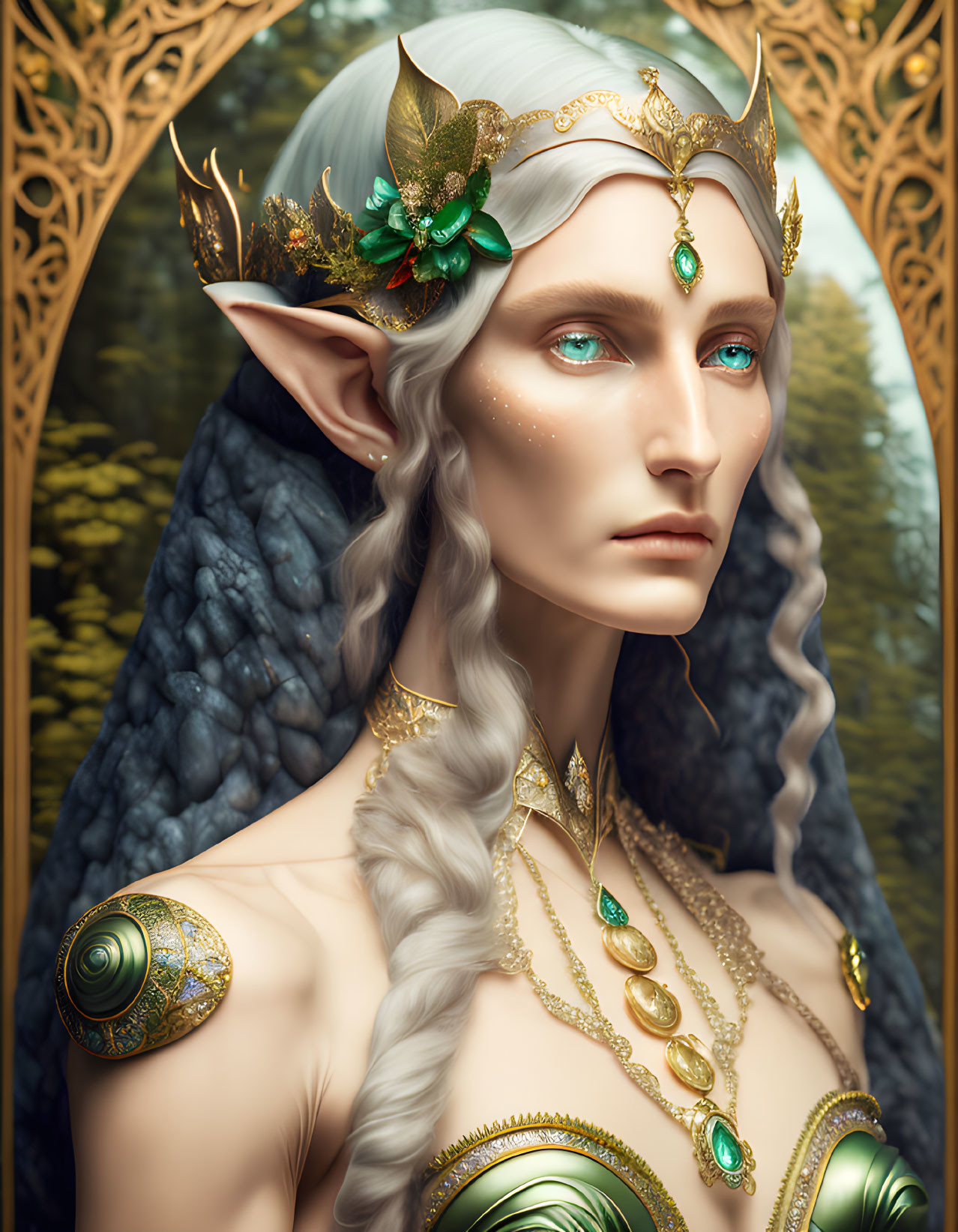 Elven character with gold crown and forest backdrop