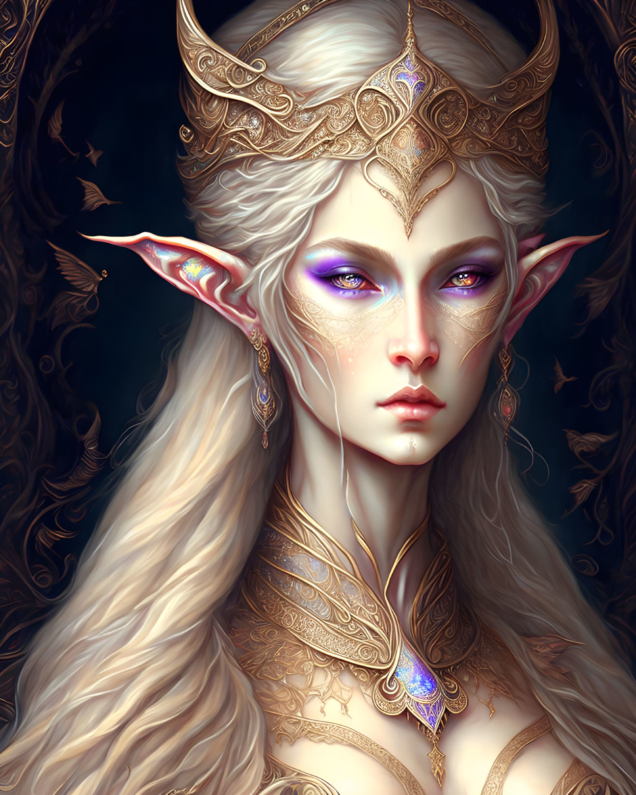 Ethereal being with pointy ears, golden jewelry, and violet eyes on dark backdrop