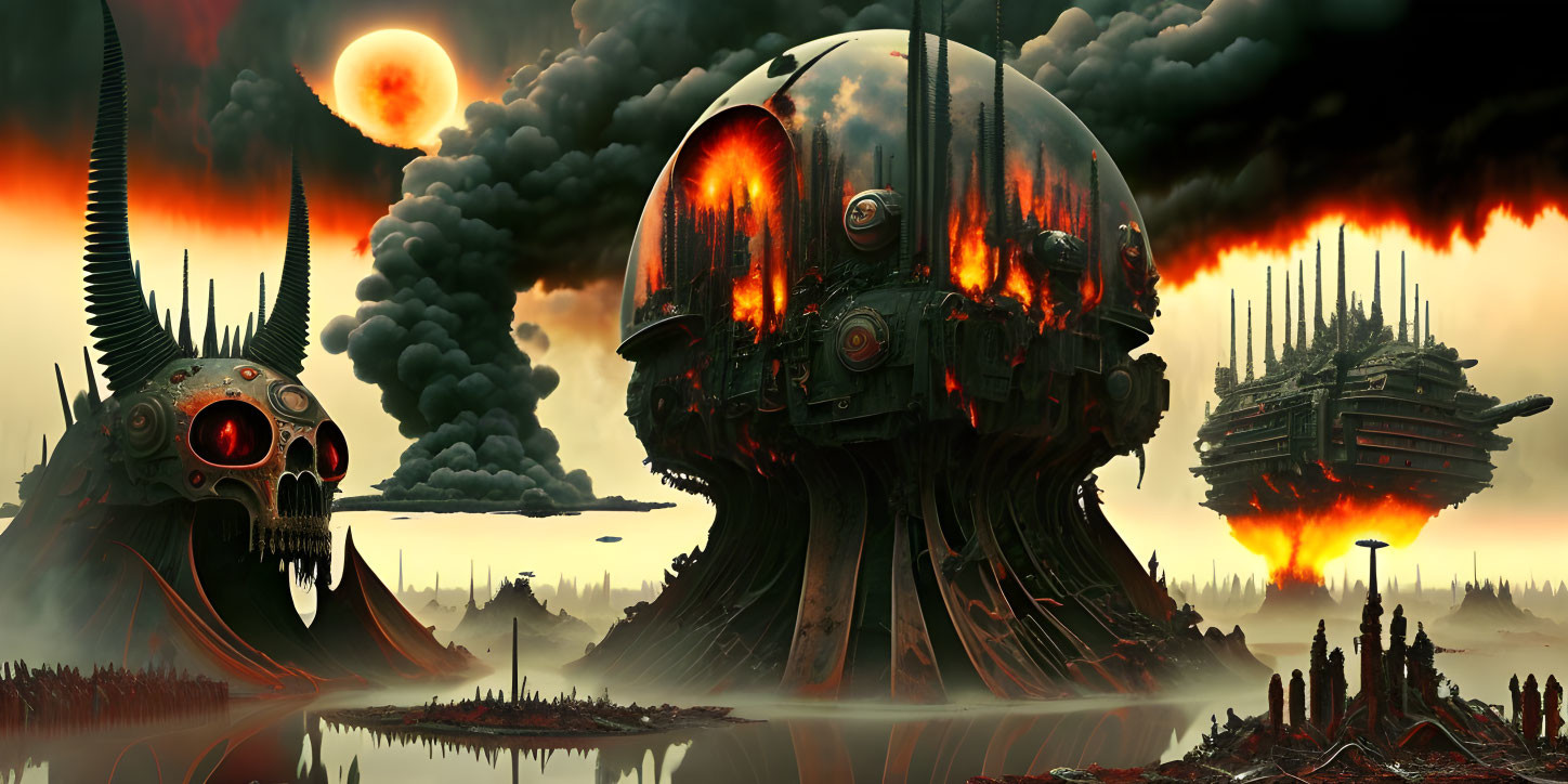 Dystopian landscape with skull-shaped structures and industrial towers