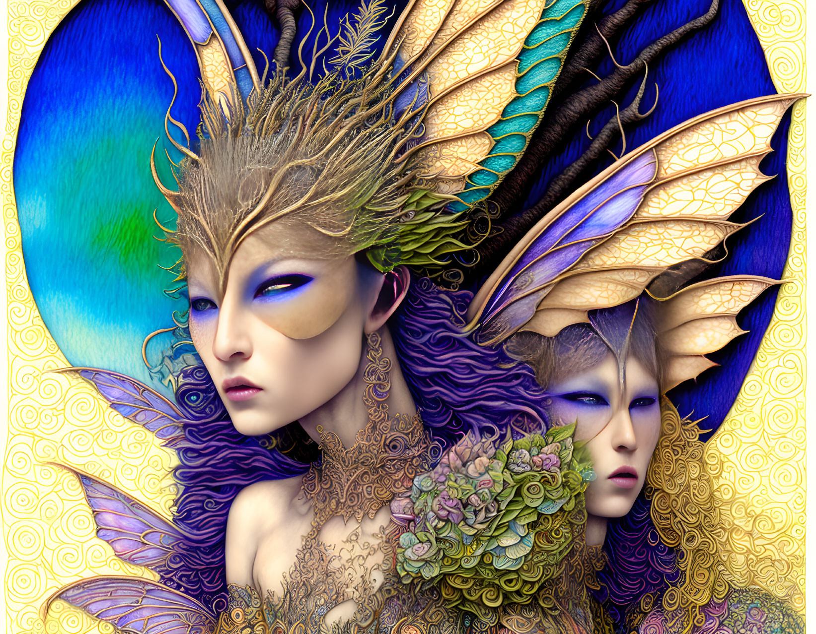 Elaborate fantasy figures in vibrant costumes against colorful background