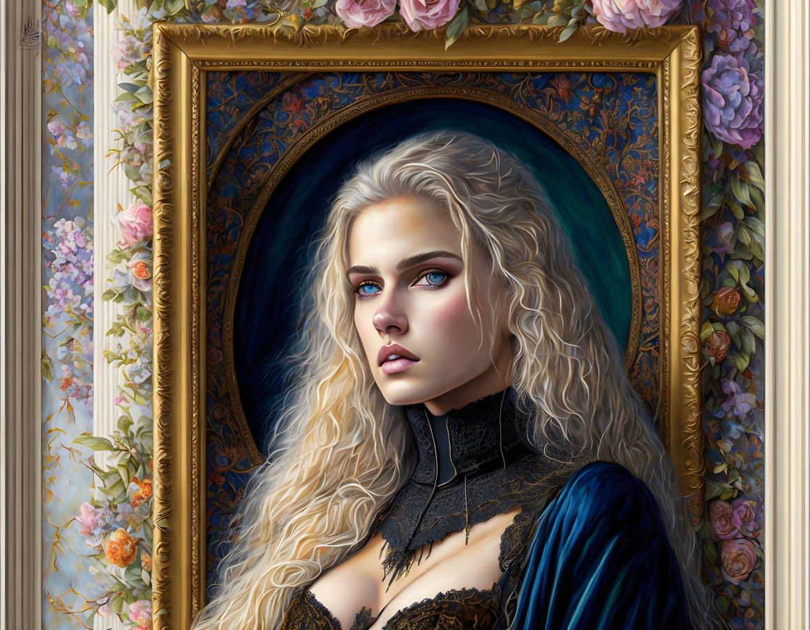 Portrait of woman with blue eyes and blonde hair in black and blue attire, framed by gold with roses