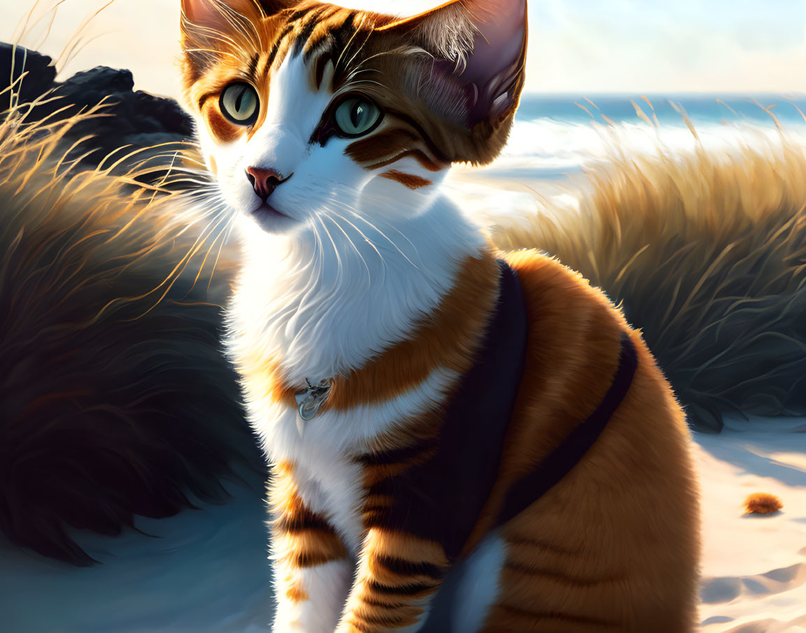 Striped Cat in Collar on Beach at Sunset Digital Painting