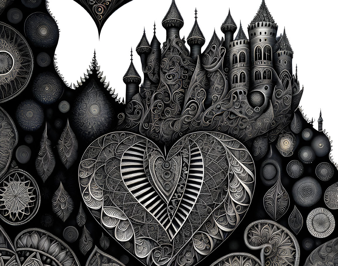 Intricate monochromatic castle artwork with heart and ornate patterns