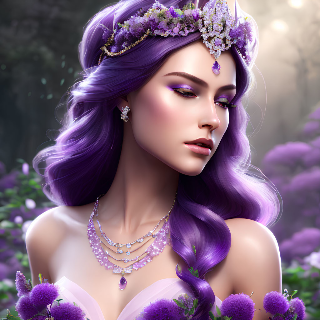 Woman with Purple Hair and Floral Tiara Surrounded by Violet Flowers