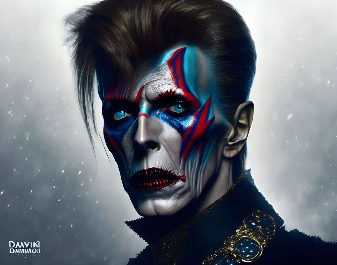 Portrait of a person with blue and red lightning bolt design on face in dark attire with gold accents