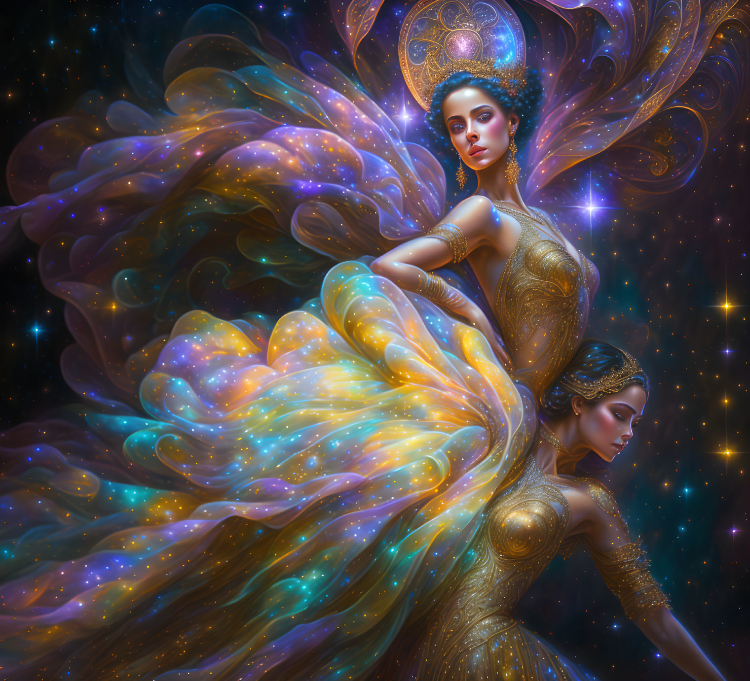 Digital art: Two women in golden dresses with celestial wings in cosmic setting