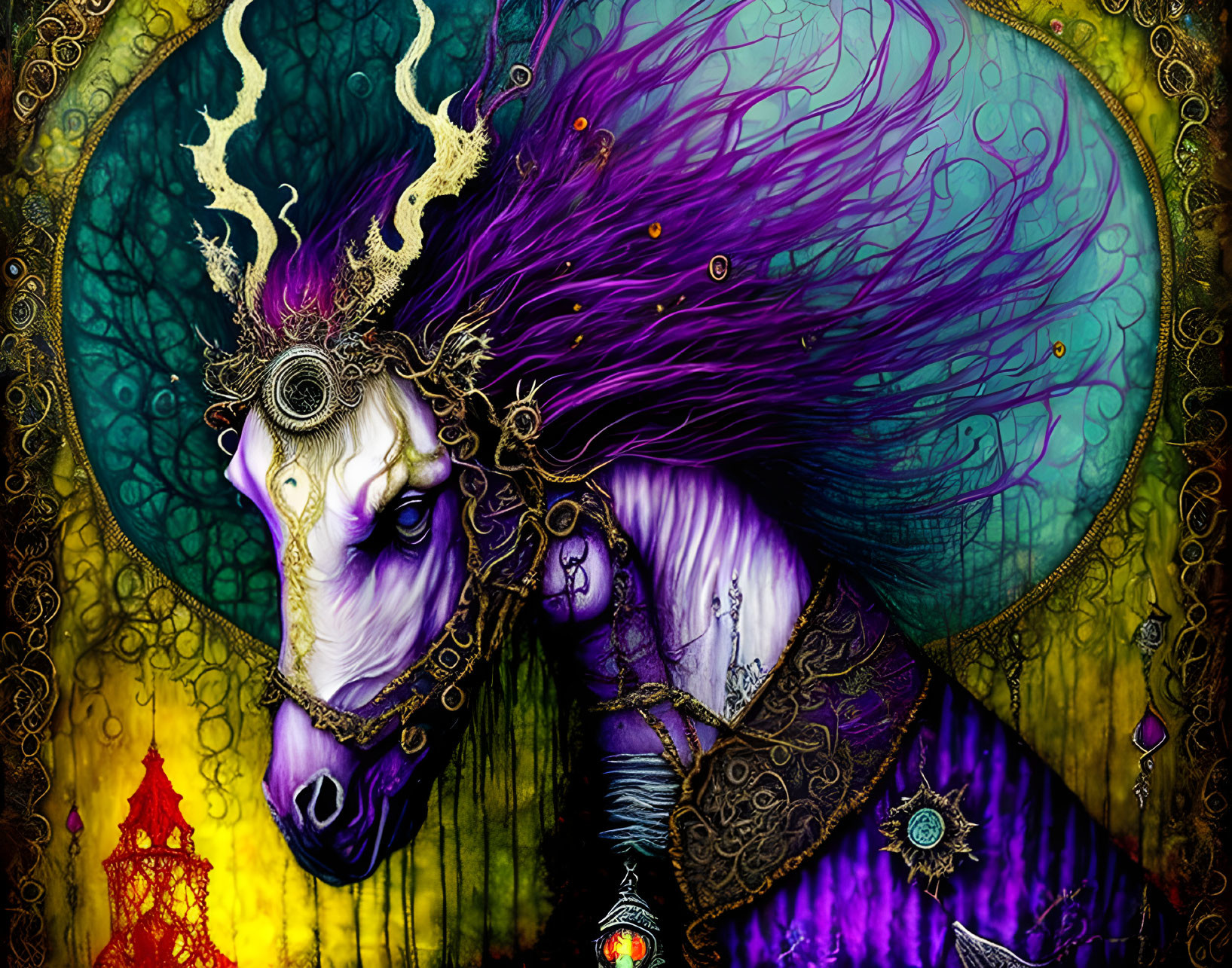 Vivid illustration of majestic purple-haired horse with gold jewelry