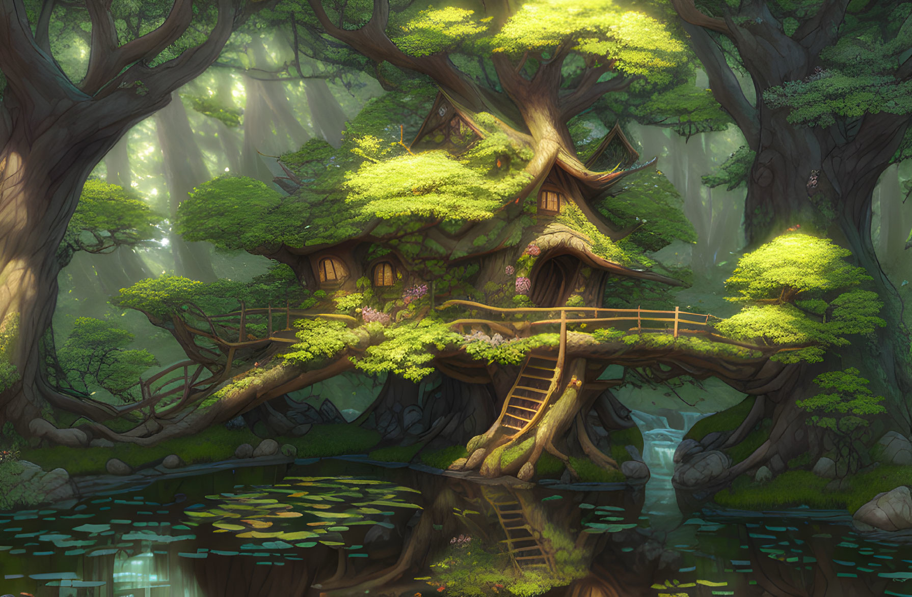 Whimsical treehouse in enchanted forest with lush greenery, bridge, sunbeams, and