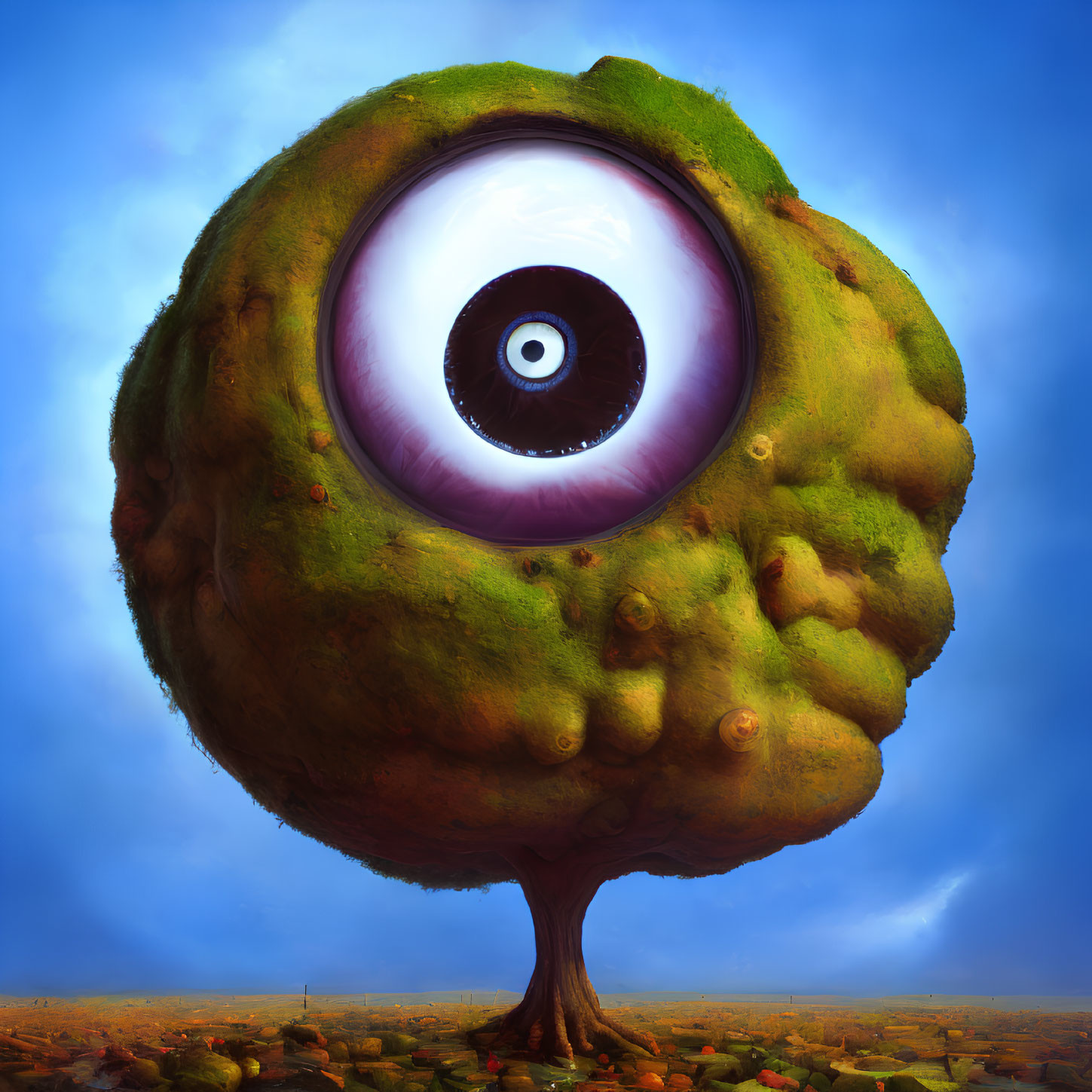 Surreal artwork: Tree with large eye canopy in desolate landscape