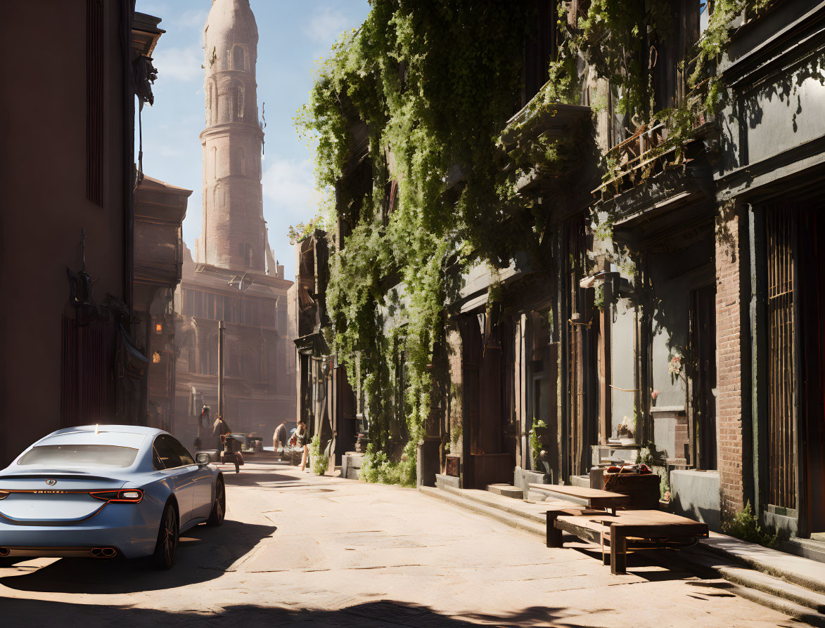 Sunlit cobbled street with modern sedan, historic buildings, vines, and pedestrians.