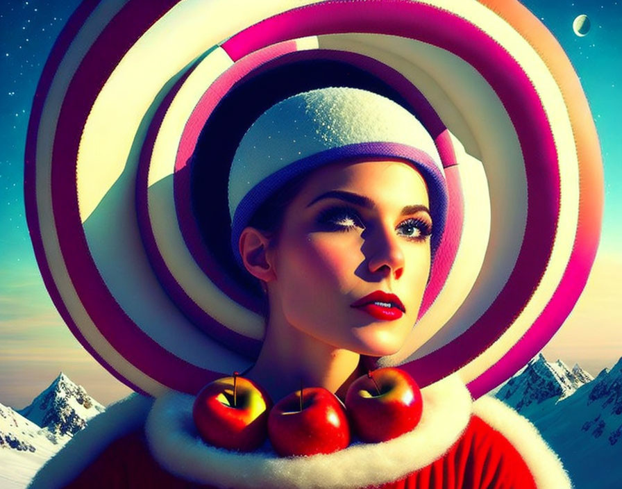 Woman in Red Outfit with White Fur Collar Surrounded by Colorful Circles and Snowy