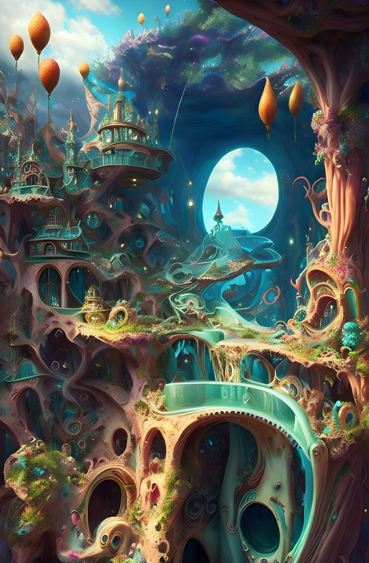 Fantasy landscape with whimsical tree-like structures and floating islands