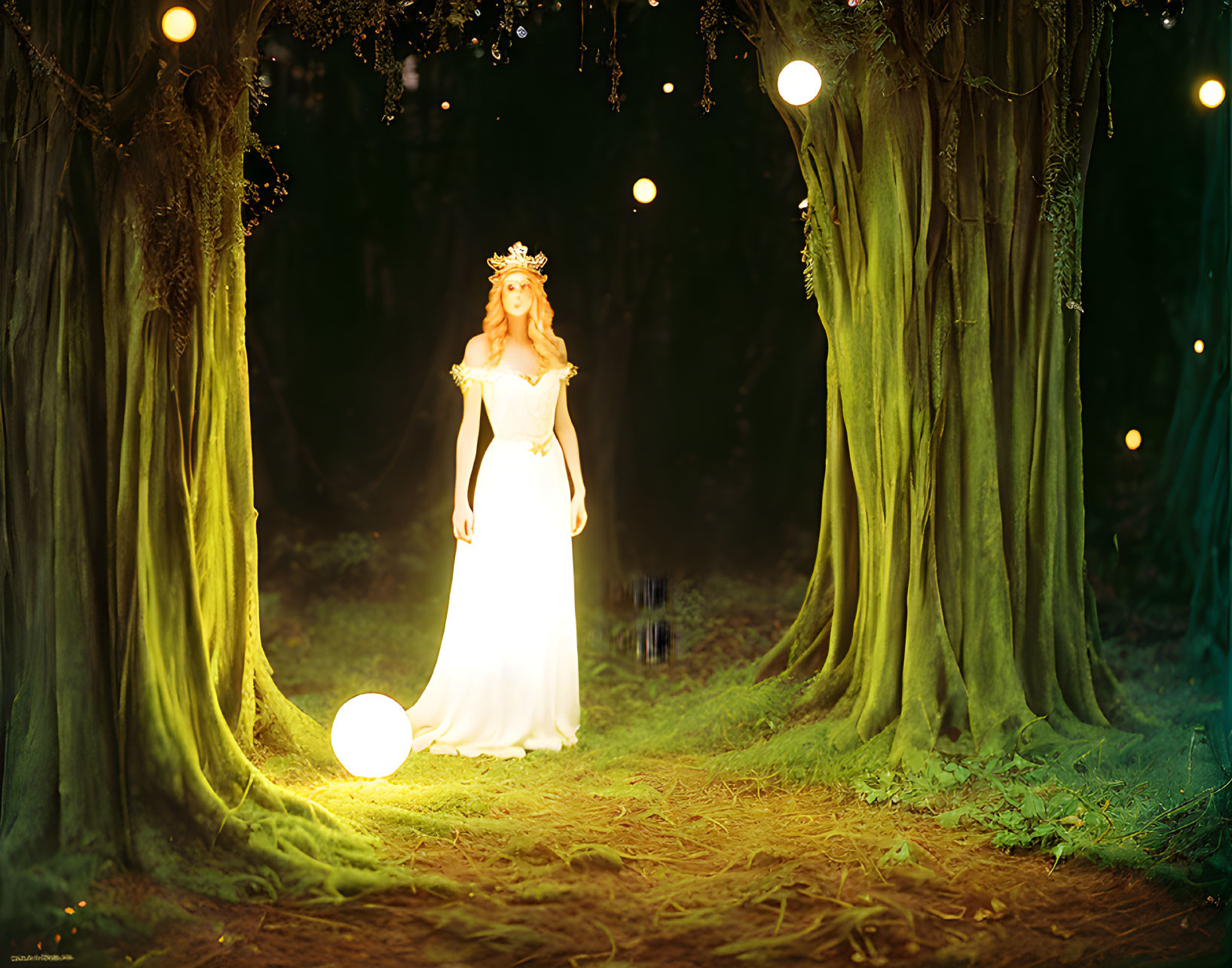 Woman in White Dress with Floral Crown in Mystical Forest with Glowing Orbs