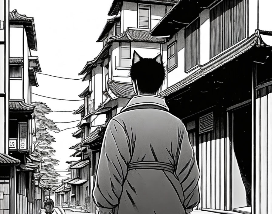 Cat-headed figure in traditional attire strolling Japanese street.
