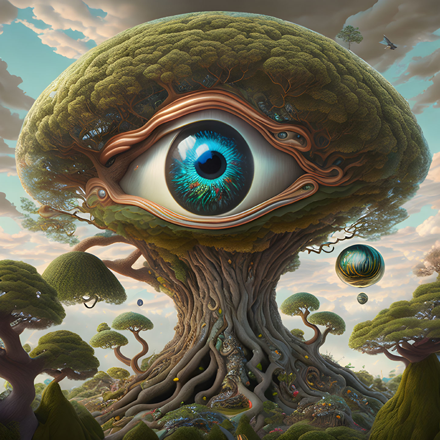 Surreal tree with eye branches in fantastical landscape