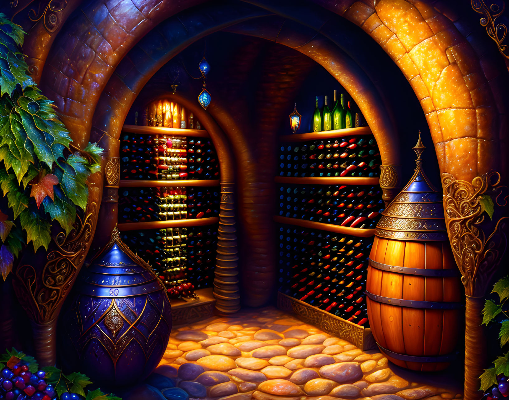 Warmly lit wine cellar with arched walls, wooden barrel, vases, and grape clusters on