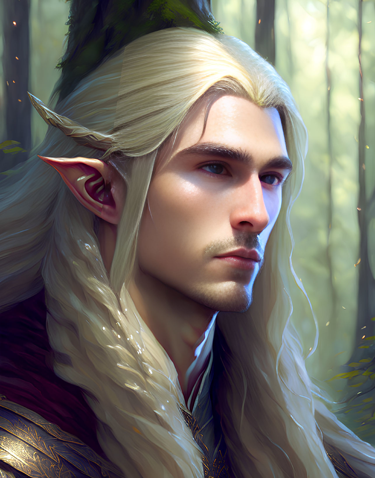 Blonde-haired elf in forest with pointed ears