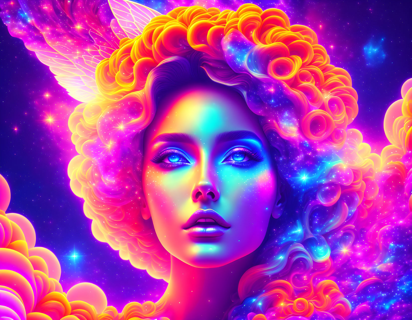 Woman with Curly Orange Hair and Blue Skin in Cosmic Setting