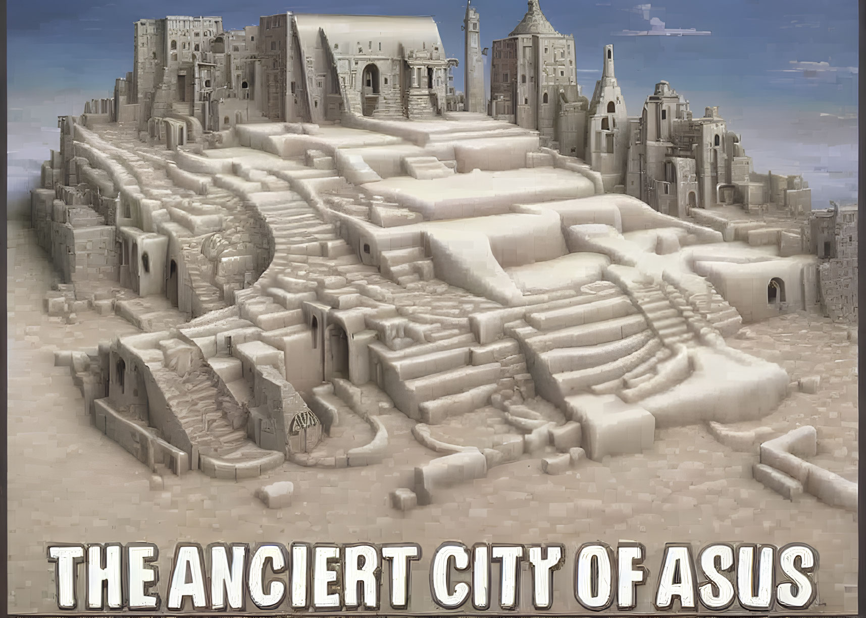 Illustrated fantasy city in desert hillside with ancient sandstone structures - "The Ancient City of Asus