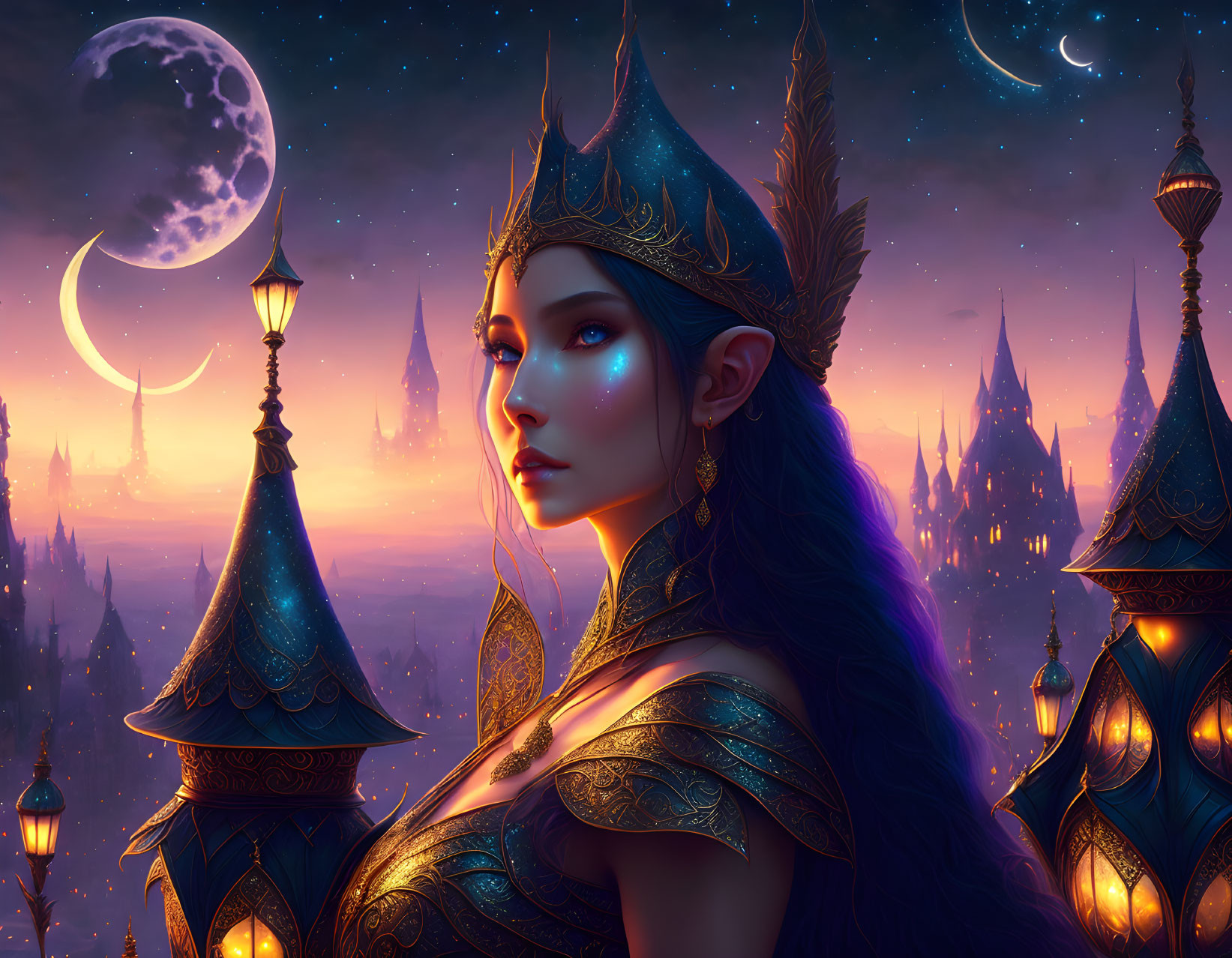 Elf queen in golden armor amid fantasy cityscape under crescent moon