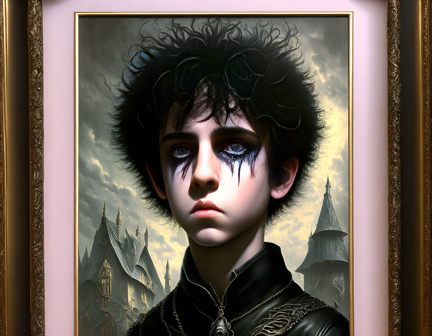 Gothic-style painting: Young person with black hair and blue eyes against cloudy sky