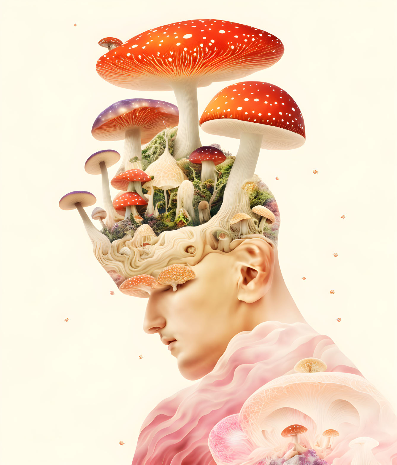 Surreal human head profile with red and white mushrooms in forest setting